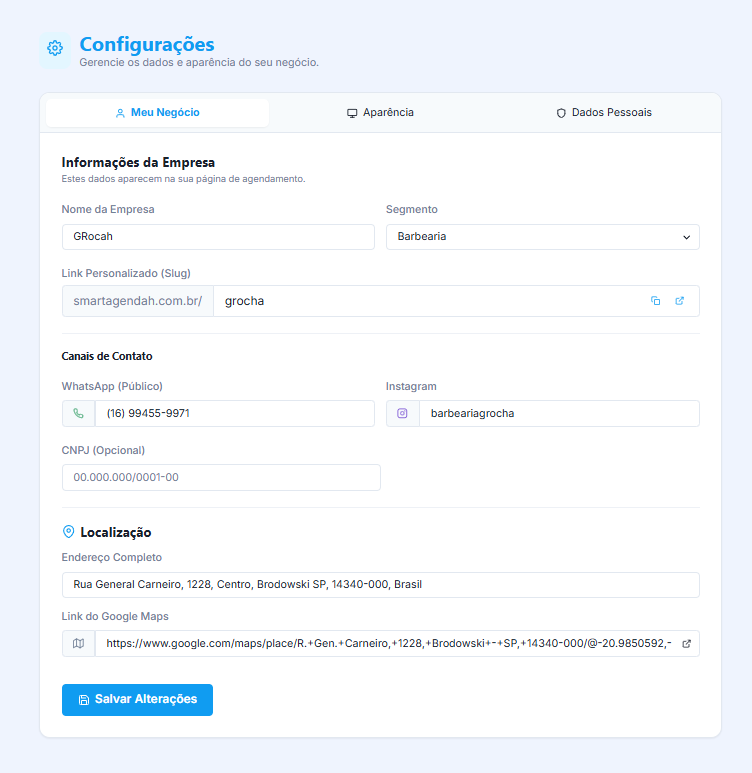 Tela de Configuração do Perfil